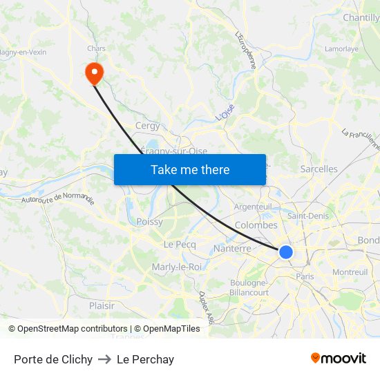 Porte de Clichy to Le Perchay map