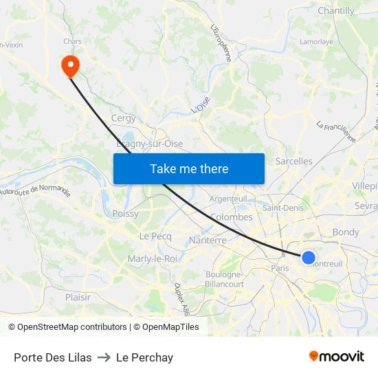 Porte Des Lilas to Le Perchay map