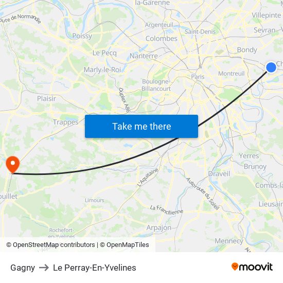 Gagny to Le Perray-En-Yvelines map