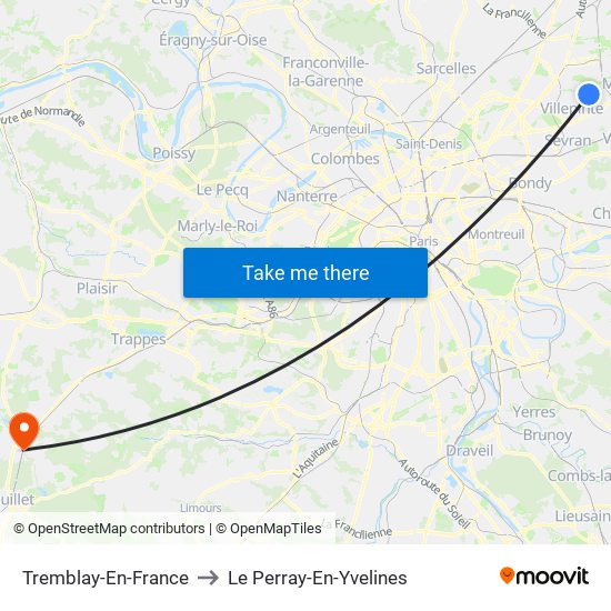 Tremblay-En-France to Le Perray-En-Yvelines map