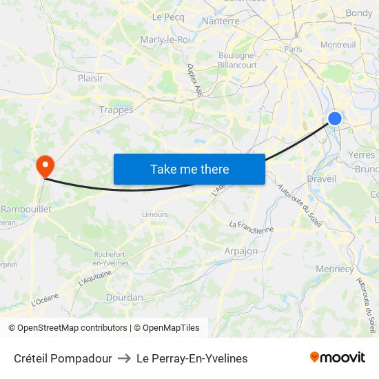 Créteil Pompadour to Le Perray-En-Yvelines map