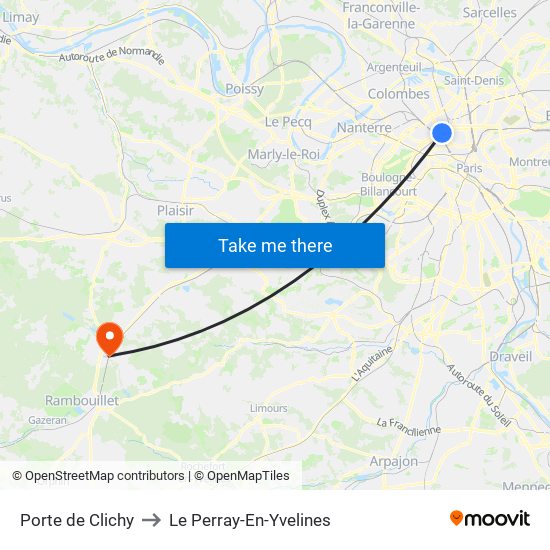 Porte de Clichy to Le Perray-En-Yvelines map