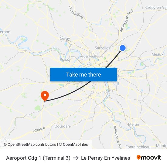 Aéroport Cdg 1 (Terminal 3) to Le Perray-En-Yvelines map