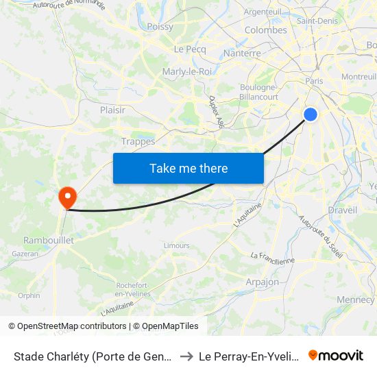 Stade Charléty (Porte de Gentilly) to Le Perray-En-Yvelines map