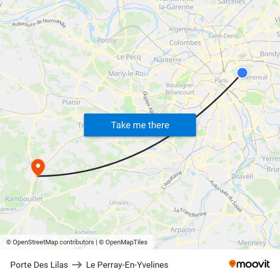 Porte Des Lilas to Le Perray-En-Yvelines map