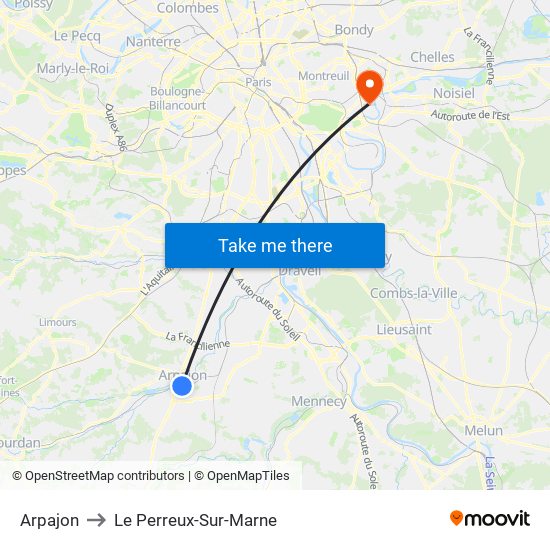 Arpajon to Le Perreux-Sur-Marne map