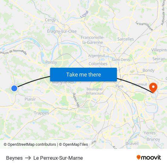 Beynes to Le Perreux-Sur-Marne map