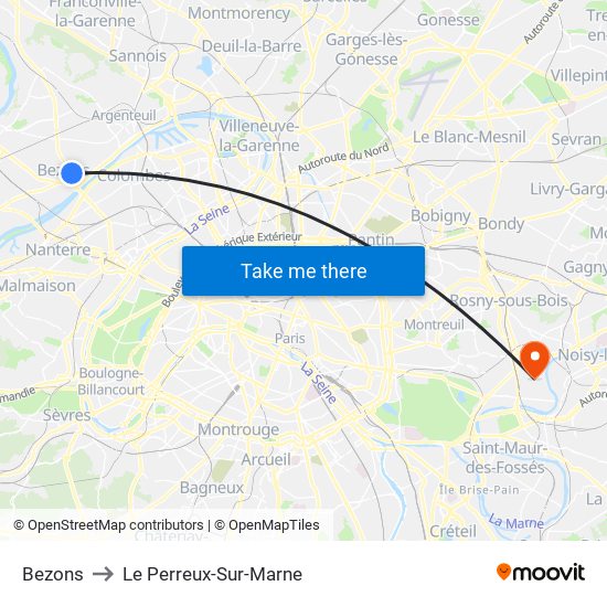 Bezons to Le Perreux-Sur-Marne map