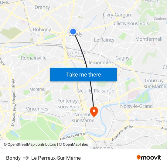 Bondy to Le Perreux-Sur-Marne map