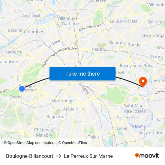 Boulogne-Billancourt to Le Perreux-Sur-Marne map