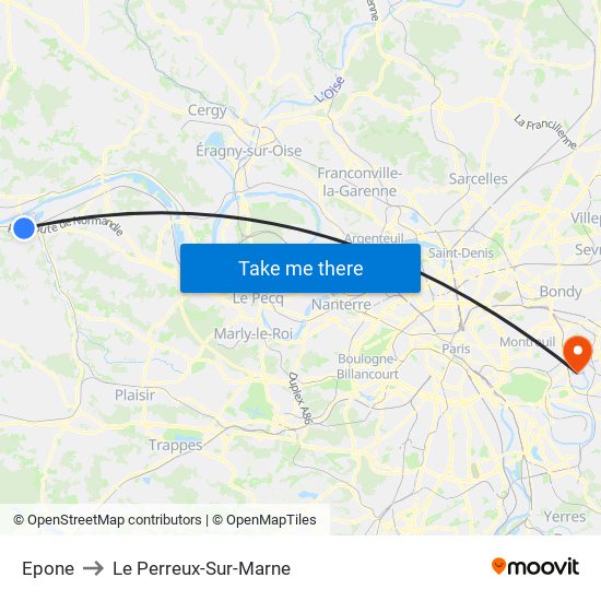 Epone to Le Perreux-Sur-Marne map