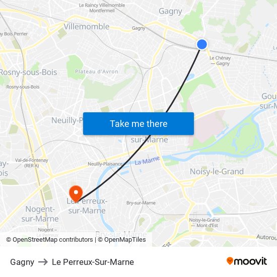 Gagny to Le Perreux-Sur-Marne map