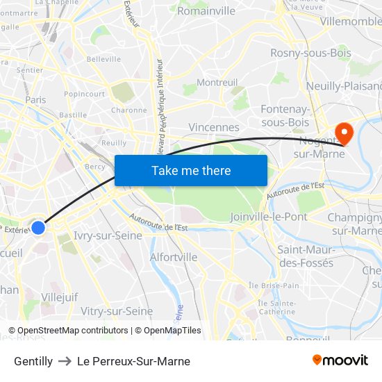 Gentilly to Le Perreux-Sur-Marne map