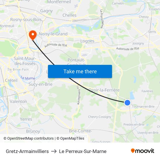 Gretz-Armainvilliers to Le Perreux-Sur-Marne map