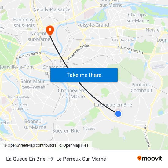 La Queue-En-Brie to Le Perreux-Sur-Marne map