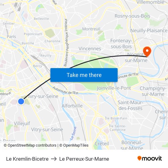 Le Kremlin-Bicetre to Le Perreux-Sur-Marne map