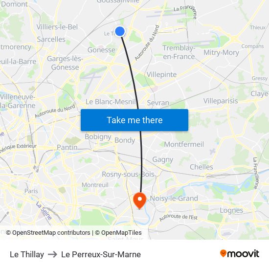 Le Thillay to Le Perreux-Sur-Marne map