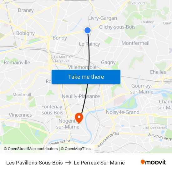 Les Pavillons-Sous-Bois to Le Perreux-Sur-Marne map