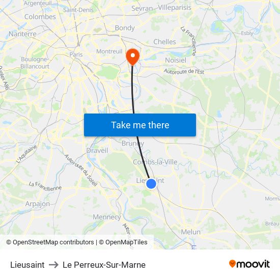 Lieusaint to Le Perreux-Sur-Marne map