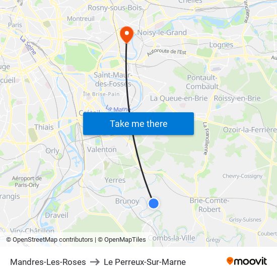 Mandres-Les-Roses to Le Perreux-Sur-Marne map