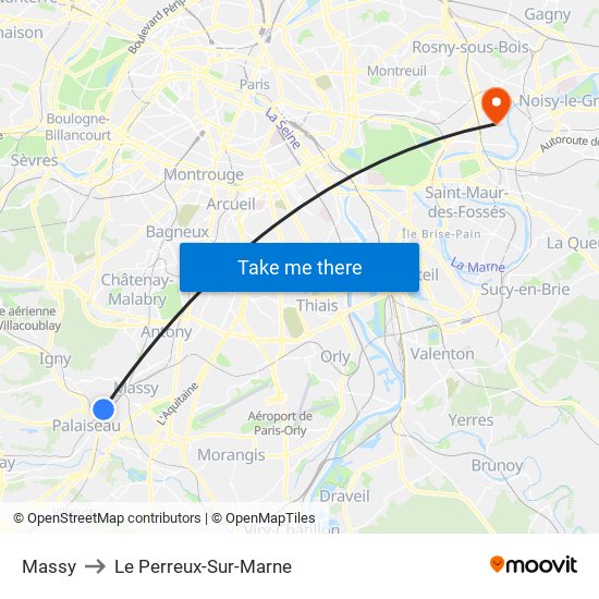 Massy to Le Perreux-Sur-Marne map