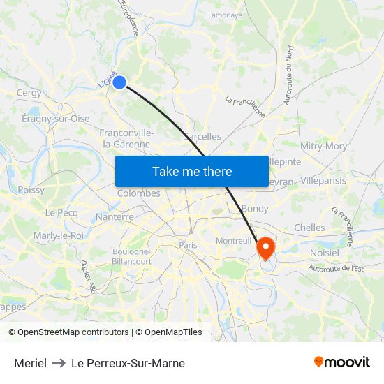 Meriel to Le Perreux-Sur-Marne map