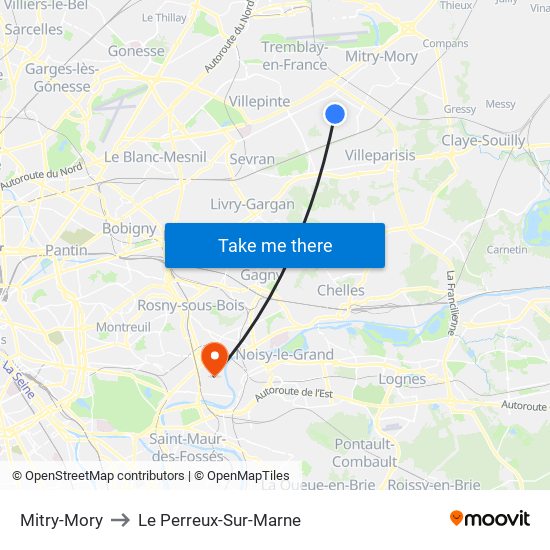 Mitry-Mory to Le Perreux-Sur-Marne map