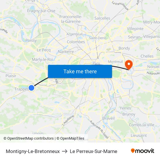 Montigny-Le-Bretonneux to Le Perreux-Sur-Marne map