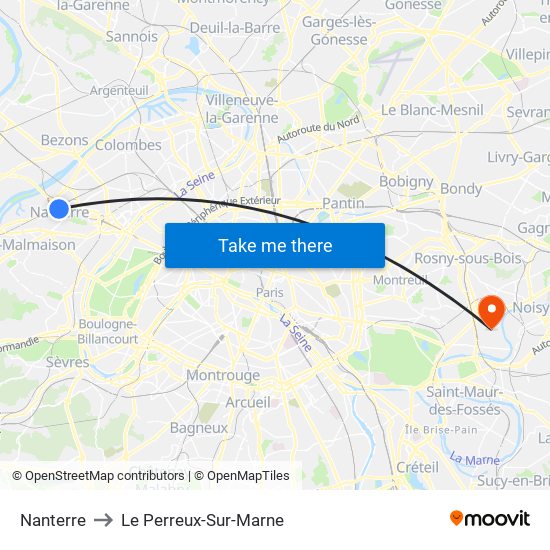 Nanterre to Le Perreux-Sur-Marne map