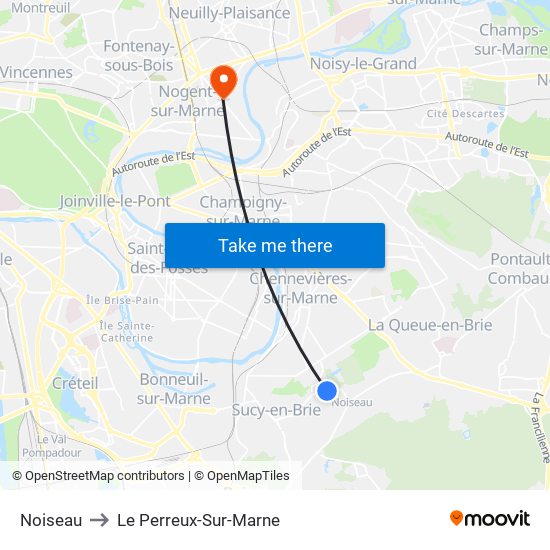 Noiseau to Le Perreux-Sur-Marne map