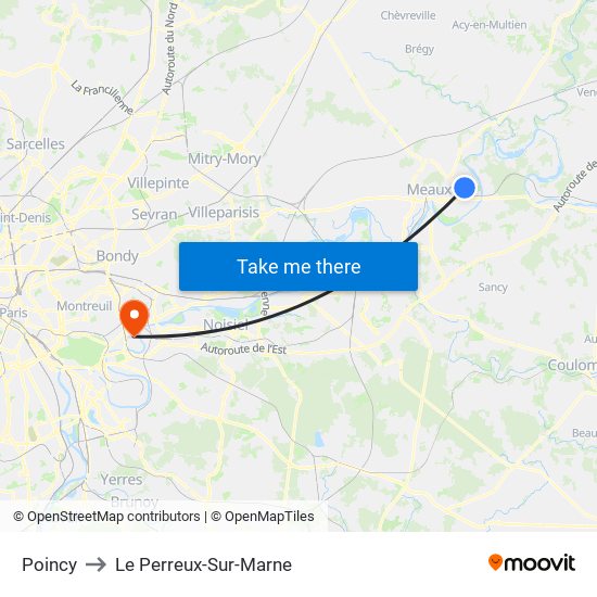 Poincy to Le Perreux-Sur-Marne map