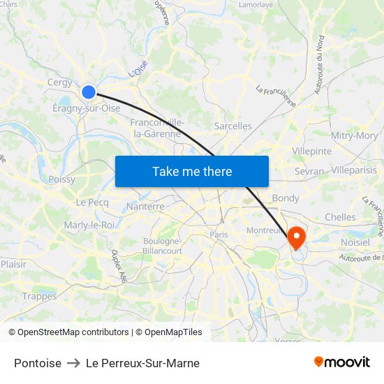 Pontoise to Le Perreux-Sur-Marne map