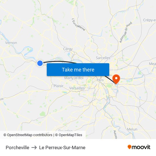 Porcheville to Le Perreux-Sur-Marne map