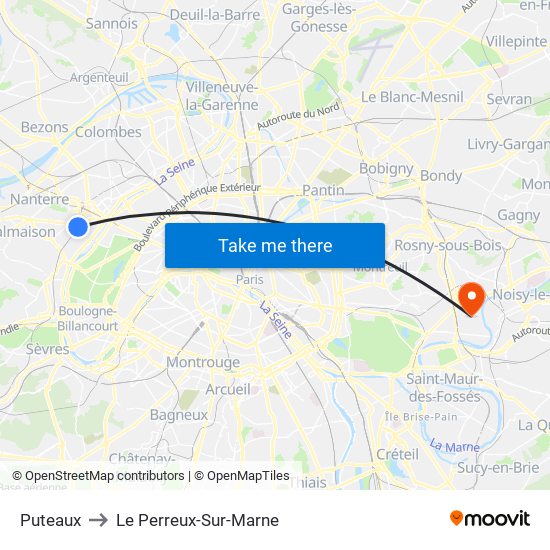 Puteaux to Le Perreux-Sur-Marne map