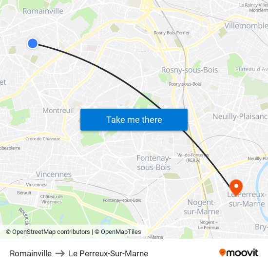 Romainville to Le Perreux-Sur-Marne map