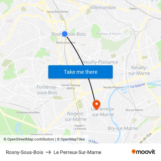 Rosny-Sous-Bois to Le Perreux-Sur-Marne map