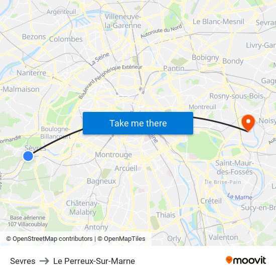Sevres to Le Perreux-Sur-Marne map