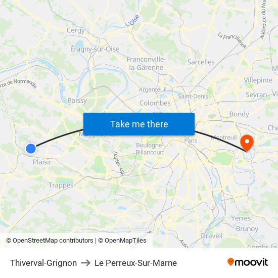 Thiverval-Grignon to Le Perreux-Sur-Marne map