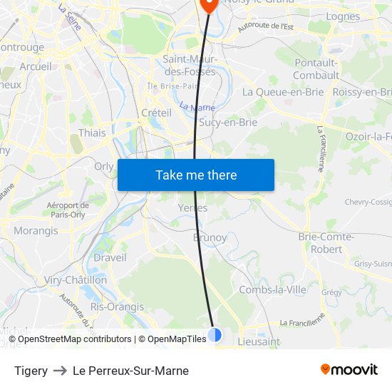 Tigery to Le Perreux-Sur-Marne map