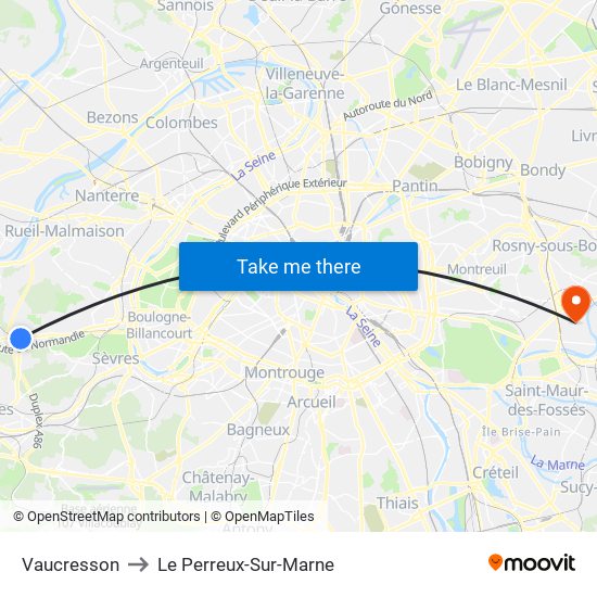 Vaucresson to Le Perreux-Sur-Marne map