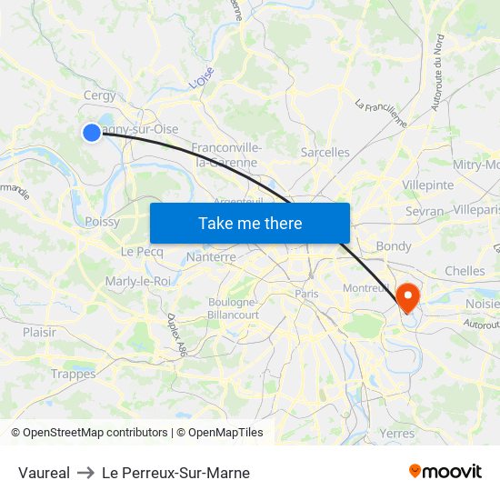 Vaureal to Le Perreux-Sur-Marne map