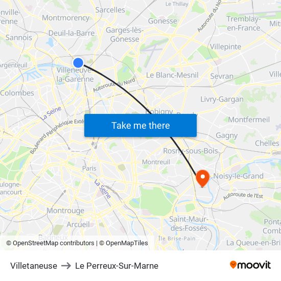 Villetaneuse to Le Perreux-Sur-Marne map