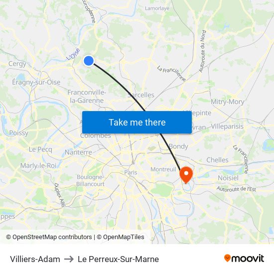 Villiers-Adam to Le Perreux-Sur-Marne map