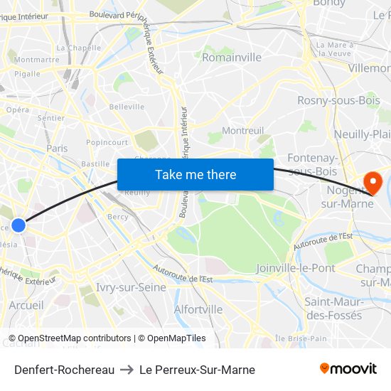 Denfert-Rochereau to Le Perreux-Sur-Marne map