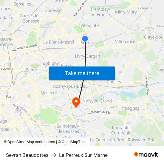 Sevran Beaudottes to Le Perreux-Sur-Marne map