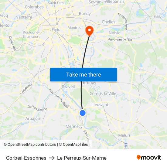 Corbeil-Essonnes to Le Perreux-Sur-Marne map