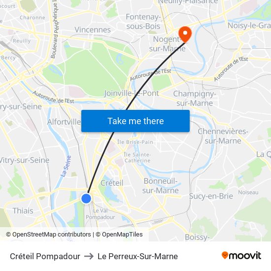 Créteil Pompadour to Le Perreux-Sur-Marne map