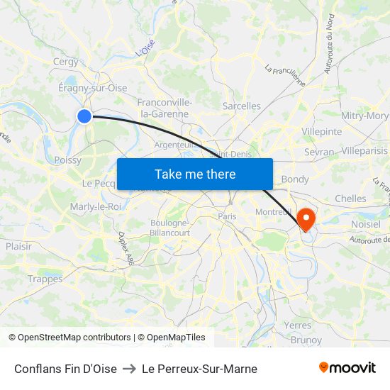 Conflans Fin D'Oise to Le Perreux-Sur-Marne map