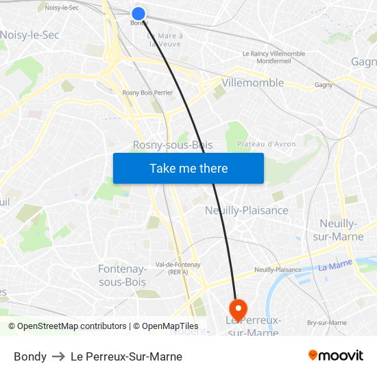 Bondy to Le Perreux-Sur-Marne map