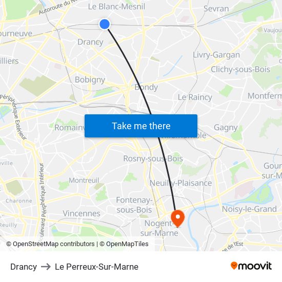 Drancy to Le Perreux-Sur-Marne map